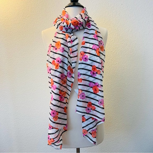 J. Crew Factory Accessories - J Crew Factory pink orange poppy floral white back stripe lightweight scarf